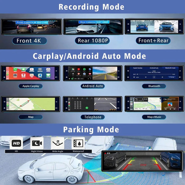 11.26 Inch 4K Dash Cam With CarPlay Android Auto Dual Lens WiFi GPS Bluetooth - stepyours.com