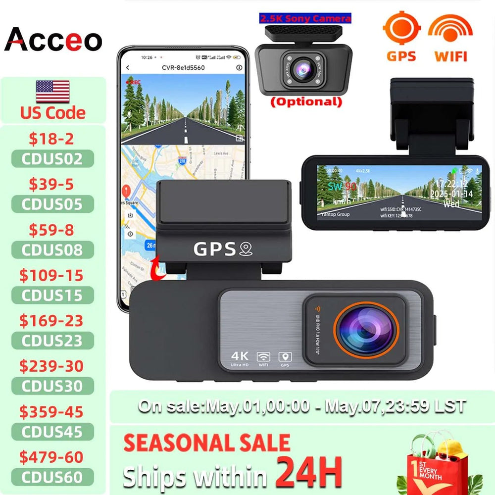 4K Dash Cam Car Camera With GPS WiFi Night Vision Dual Lens Rear View - stepyours.com