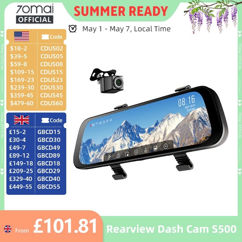 70mai S500 Rearview Dash Cam 9.35 Inch Touch Screen Dual Channel 3K HDR - stepyours.com
