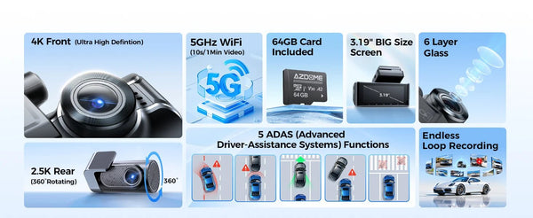 AZDOME M550 Pro Dash Cam IR Night Vision 4K Plus 2.5K 5.8Ghz WiFi GPS Screen - stepyours.com