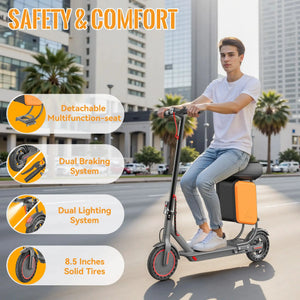 8.5'' Solid Tire Electric Scooter 350W Motor 36V 5.2Ah Battery 19mph Max Speed Up to 16miles Max Range with Removable Seat & Box