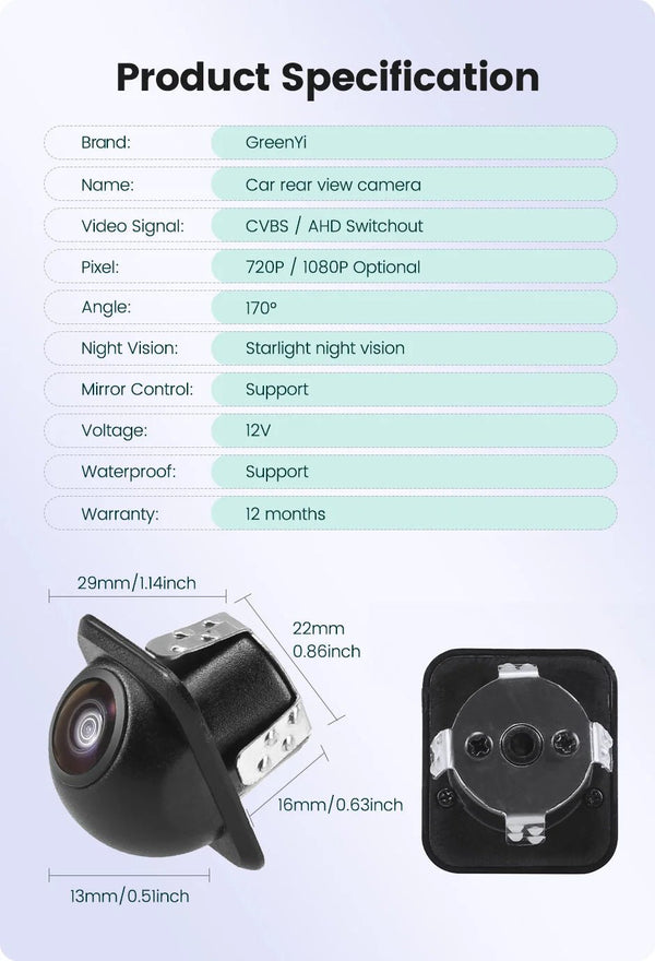 GreenYi AHD 1080P Car Rear View Camera Night Vision 170 Degree Fisheye Lens C801 - stepyours.com