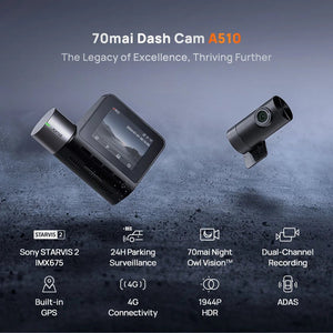 70Mai A510 Dash Cam 1944P HDR GPS ADAS 4G Front And Rear Car DVR - stepyours.com