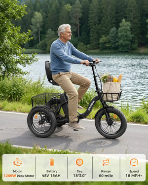 Spacewalk 1200W Peak Electric Trike for Adults, 48V 15Ah Battery 3 Wheel Electric Bike with 60 Miles Range, 18×3.0 Fat Tires, Dual Disc Brakes, Rear Cargo Basket, Adjustable Comfort Seat, Folding E Tricycle for Seniors-Black