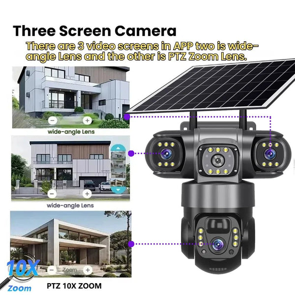 Solar 4G Outdoor Security Camera With 3 Lenses And 10X Zoom Night Vision - stepyours.com