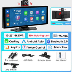 4K Dash Cam CarPlay Android Auto 350 Degree Rotating Lens GPS Bluetooth 7 Inch - stepyours.com