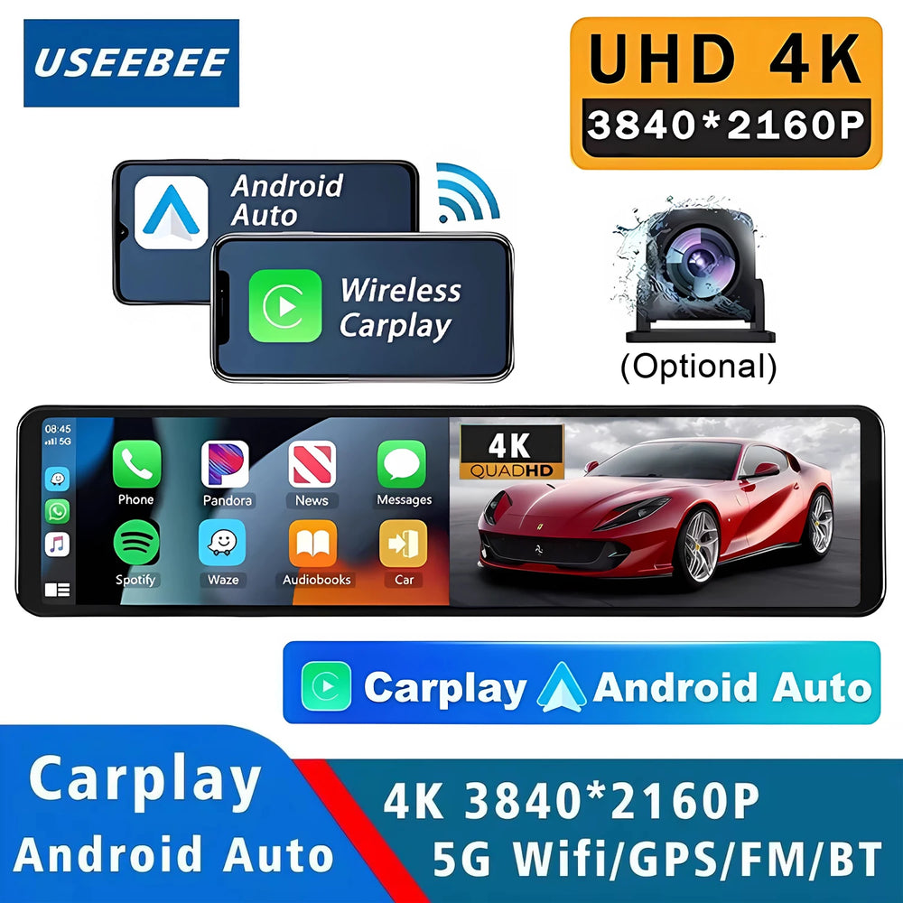 11.26 Inch 4K Dash Cam With CarPlay Android Auto Dual Lens WiFi GPS Bluetooth - stepyours.com