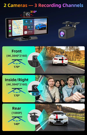 4K Dash Cam CarPlay Android Auto 350 Degree Rotating Lens GPS Bluetooth 7 Inch - stepyours.com