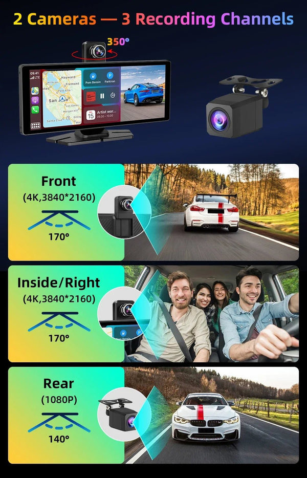 4K Dash Cam CarPlay Android Auto 350 Degree Rotating Lens GPS Bluetooth 7 Inch - stepyours.com