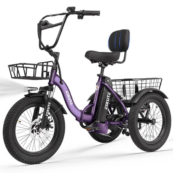ESKUTE T300 E Trike Electric Bike, Peak Brushless Motor Folding Trike 18X3.0 Fat Tire Ebike, 624Wh Removable Battery, Step-Thru 3 Wheel Electric Bicycle, Up to 65 Miles, 18MPH+ Tricycle for Adults