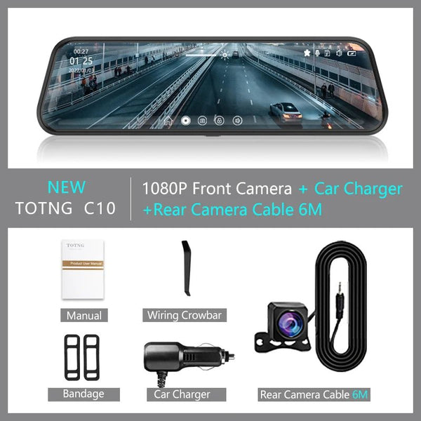 10 Inch Car Touch Screen Rear View Mirror Dash Cam Front And Rear Cameras - stepyours.com