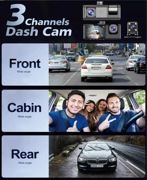 3 Channel Car Dash Camera 1080P Front Rear Cabin Night Vision - stepyours.com
