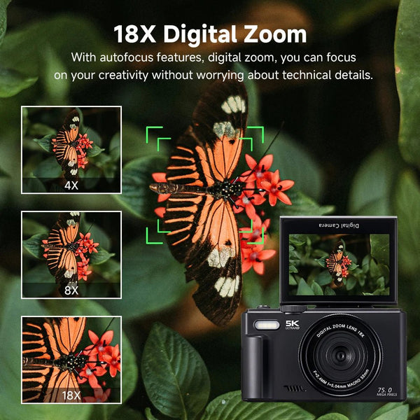 Amorus 75MP Digital Camera 5.7K Video 18x Zoom WiFi Vlog Camera - stepyours.com