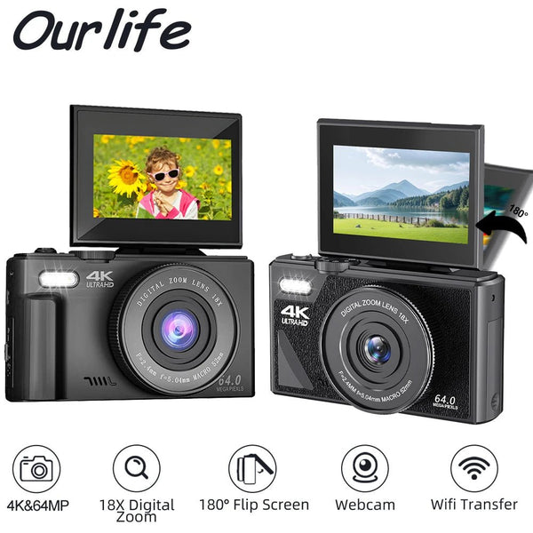 Ourlife AC600 4K Camera 64MP Autofocus 18x Zoom Flip Screen YouTube - stepyours.com