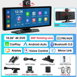 4K Dash Cam CarPlay Android Auto 350 Degree Rotating Lens GPS Bluetooth 7 Inch - stepyours.com