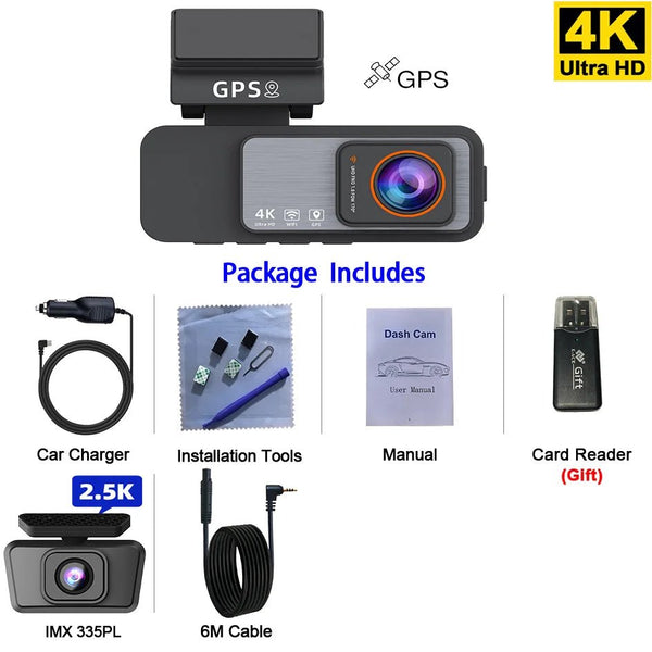 4K Dash Cam Car Camera With GPS WiFi Night Vision Dual Lens Rear View - stepyours.com