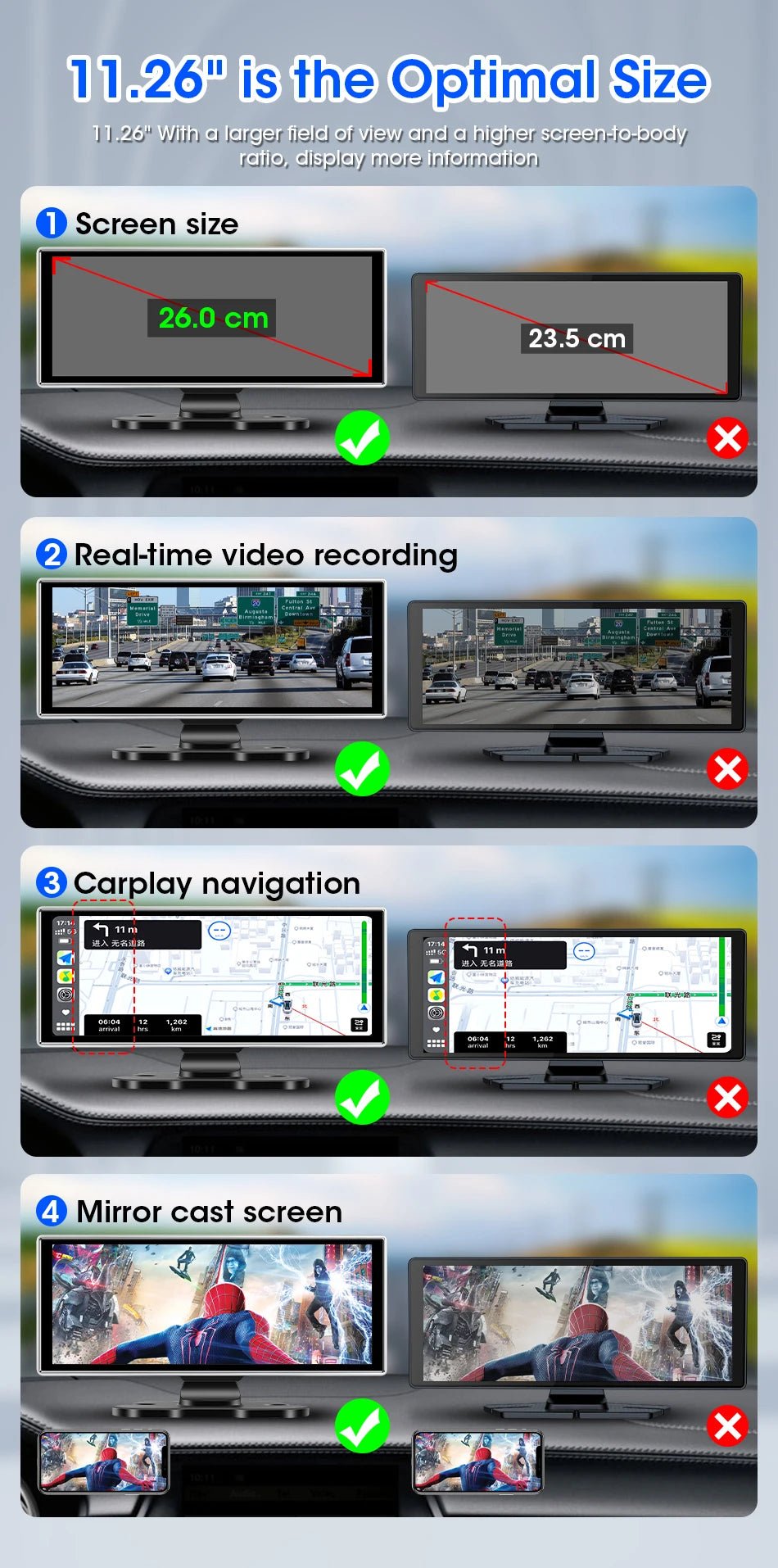 11.26 Inch Car DVR 4K Dash Cam Dual Lens Wireless CarPlay Android Auto Monitor - stepyours.com