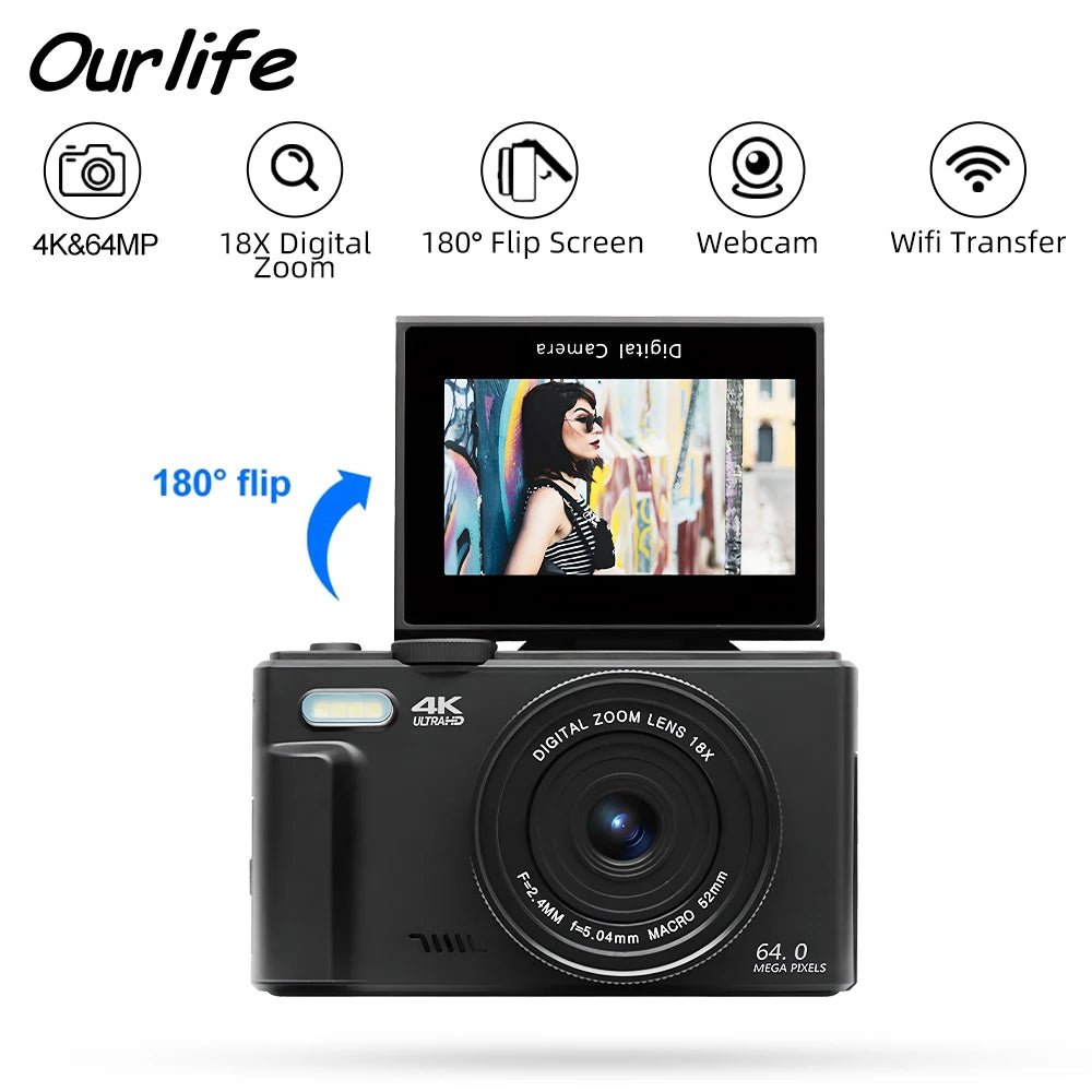 Compact 4K Digital Camera With 18X Zoom 180 Degree Flip Screen WiFi Vlog Cam - stepyours.com
