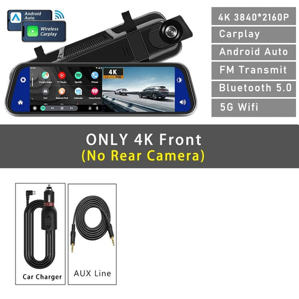 10 Inch 4K Dash Cam With CarPlay Android Auto GPS WiFi Rearview Mirror - stepyours.com