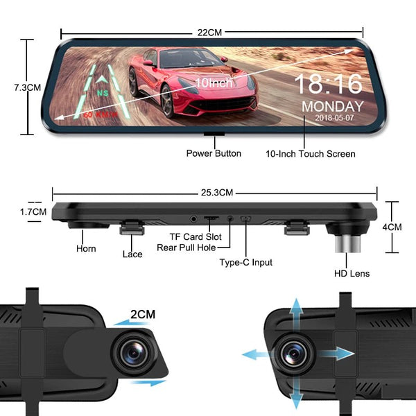 ACCEO Car DVR 10 Inch Rear View Mirror Dash Cam With WiFi 2K Front 1080P Rear - stepyours.com