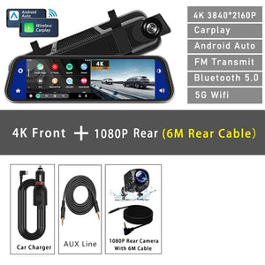 10 Inch 4K Dash Cam With CarPlay Android Auto GPS WiFi Rearview Mirror - stepyours.com