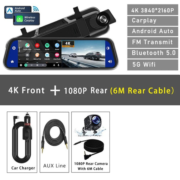 10 Inch 4K Dash Cam With CarPlay Android Auto GPS WiFi Rearview Mirror - stepyours.com