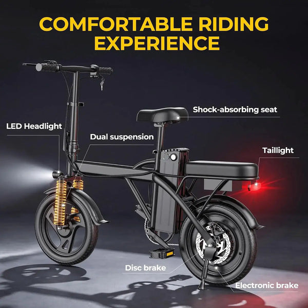 14'' Foldable Electric Bike 500W Motor 48V Battery 22MPH Max Speed 30Miles Long Range with Two Seats for Adult Mini E Bike