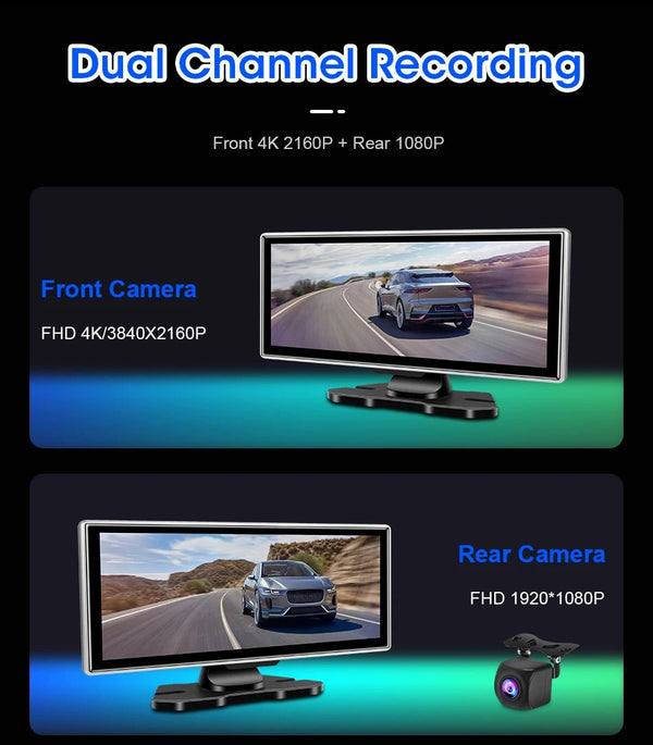 11.26 Inch Car DVR 4K Dash Cam Dual Lens Wireless CarPlay Android Auto Monitor - stepyours.com