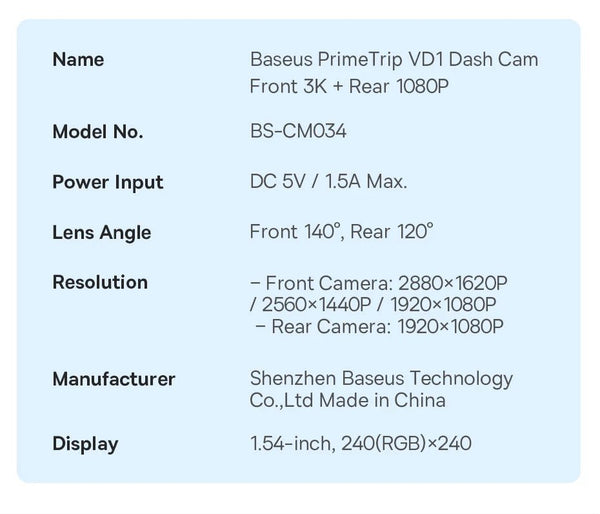Baseus VD1 3K Dash Cam Front And Rear With GPS Supercapacitor 24H Parking - stepyours.com
