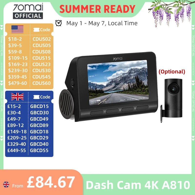 70mai 4K Dash Cam A810 Front Rear Set With 4G LTE UP04 GPS ADAS DVR - stepyours.com