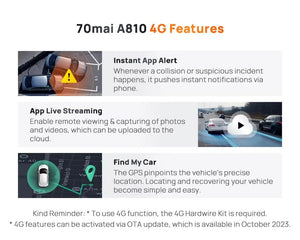 70mai 4K Dash Cam A810 Front Rear Set With 4G LTE UP04 GPS ADAS DVR - stepyours.com