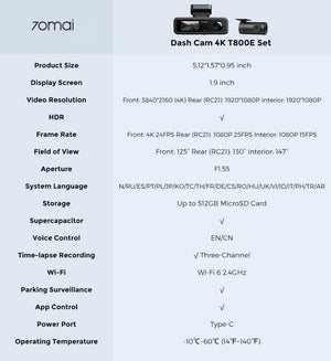 70mai T800E 3 Channel Dash Cam 4K HDR F1.55 Supercapacitor GPS WiFi 6 5GHz - stepyours.com