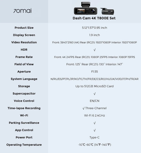 70mai T800e 3 Channel Dash Cam 4K Front 1080p Rear And Interior HDR GPS WiFi 6 - stepyours.com
