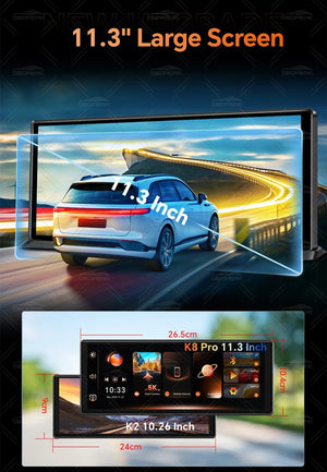 K8 Pro 11.3 Inch Dash Cam Dual Lens 5K GPS 5G WiFi Ultimate CarPlay Android Auto - stepyours.com