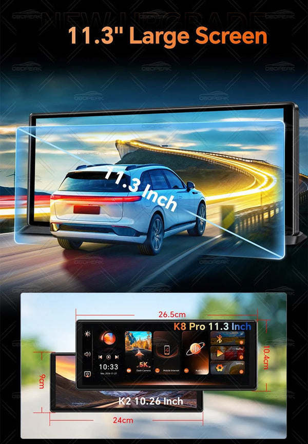 K8 Pro 11.3 Inch Dash Cam Dual Lens 5K GPS 5G WiFi Ultimate CarPlay Android Auto - stepyours.com