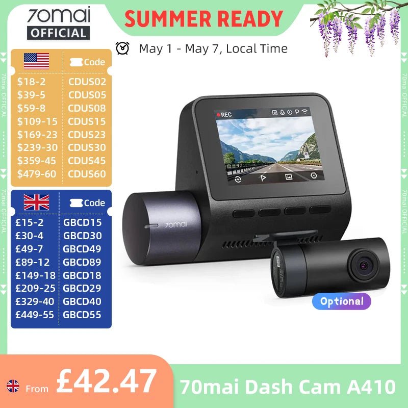 70mai Dash Cam A410 Front 1440P Rear 1080P Car DVR 256GB 24H Parking - stepyours.com