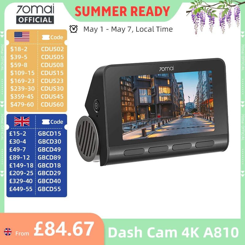 70mai A810 4K Dash Cam HDR GPS ADAS With 4G Parking DVR - stepyours.com