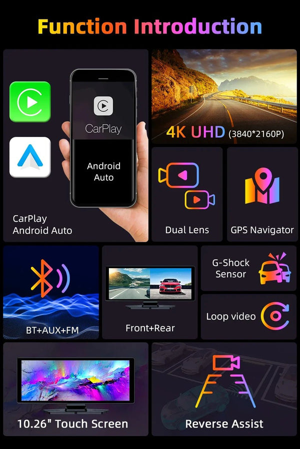 4K Dash Cam CarPlay Android Auto 350 Degree Rotating Lens GPS Bluetooth 7 Inch - stepyours.com