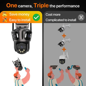 Three Screen WiFi IP Camera Outdoor 4K Tri Lens PTZ - AI Human Detection - stepyours.com