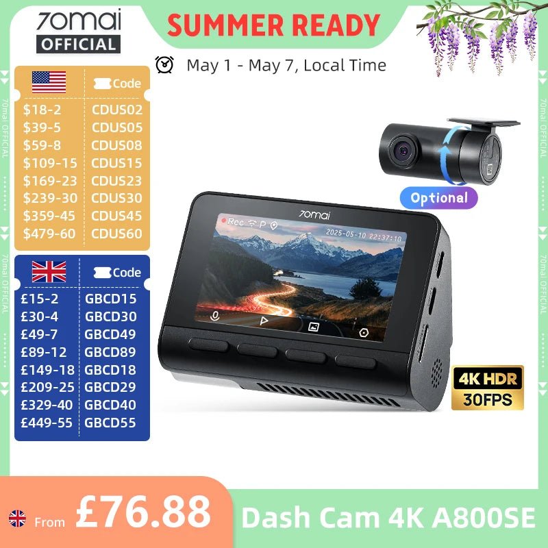 70mai 4K Dash Cam A800SE GPS ADAS Voice Control Ultra HD WiFi 6 - stepyours.com