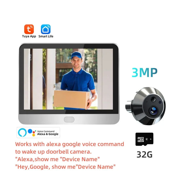 Tuya Smart 3MP Outdoor Wireless Door Peephole Video Eye Camera 2.4G WiFi Night Vision Home Security Door Camera with LCD Screen by stepyours.com