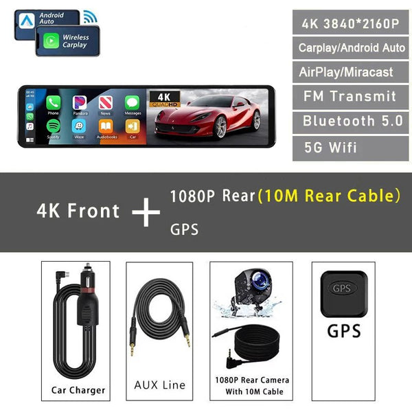 11.26 Inch 4K Dash Cam With CarPlay Android Auto Dual Lens WiFi GPS Bluetooth - stepyours.com