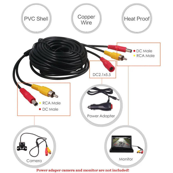 Car Video RCA Extension Cable 6M 10M 15M 2In1 Backup Camera Line - stepyours.com