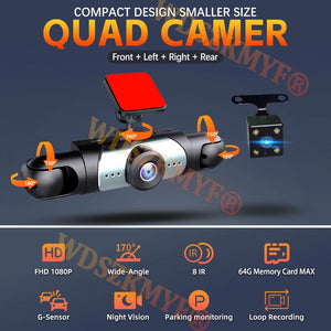 4 Lens Car DVR 360 Degree Dash Cam 1080P Front Left Right Rear View Camera - stepyours.com