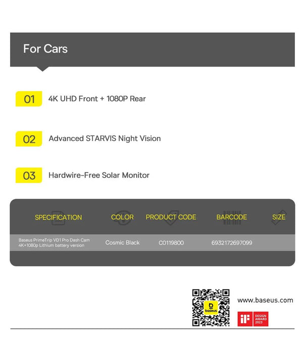Baseus VD1 Pro 4K Dash Cam With Sony Sensor ADAS GPS WiFi6 STARVIS Night Vision - stepyours.com