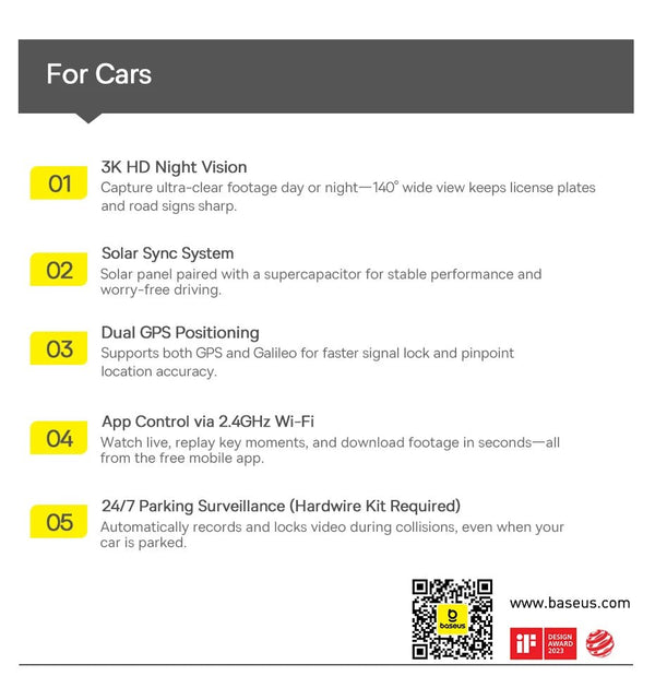 Baseus VD1 3K Dash Cam Front And Rear With GPS Supercapacitor 24H Parking - stepyours.com