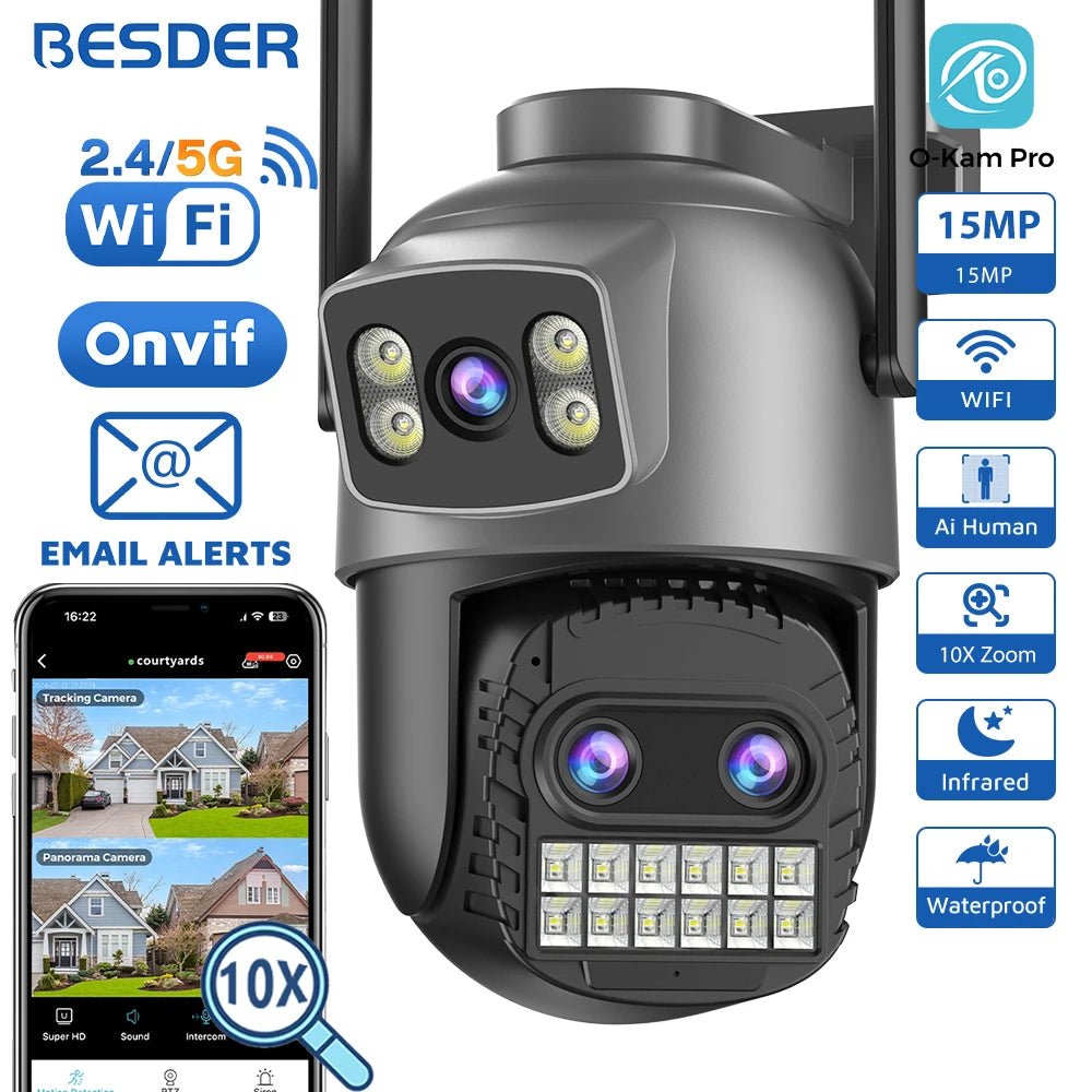BESDER 15MP WiFi Outdoor Camera Dual Screen 10X Zoom PTZ Security IP Cam - stepyours.com