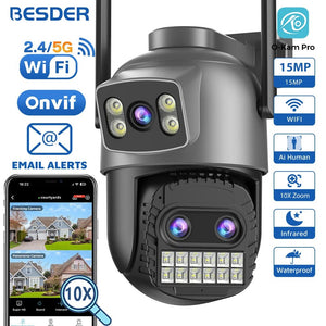 BESDER 15MP WiFi Outdoor Camera Dual Screen 10X Zoom PTZ Security IP Cam - stepyours.com