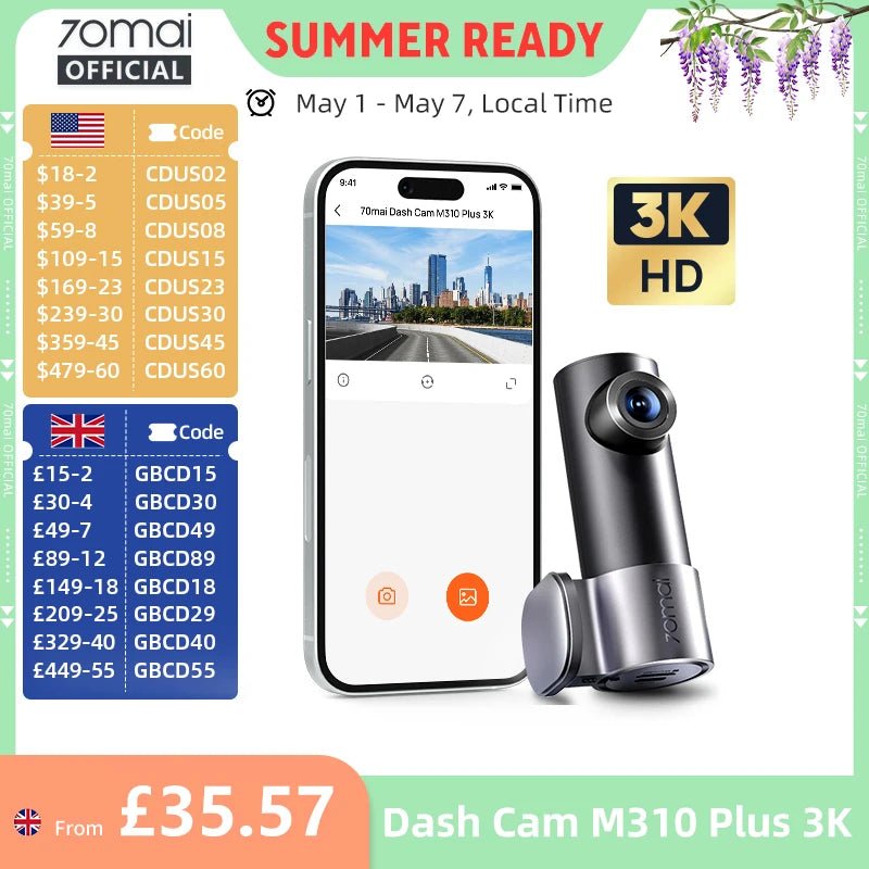 70mai M310 Plus Dash Cam 3K 1620P WDR Voice Control Car DVR Parking Monitor - stepyours.com