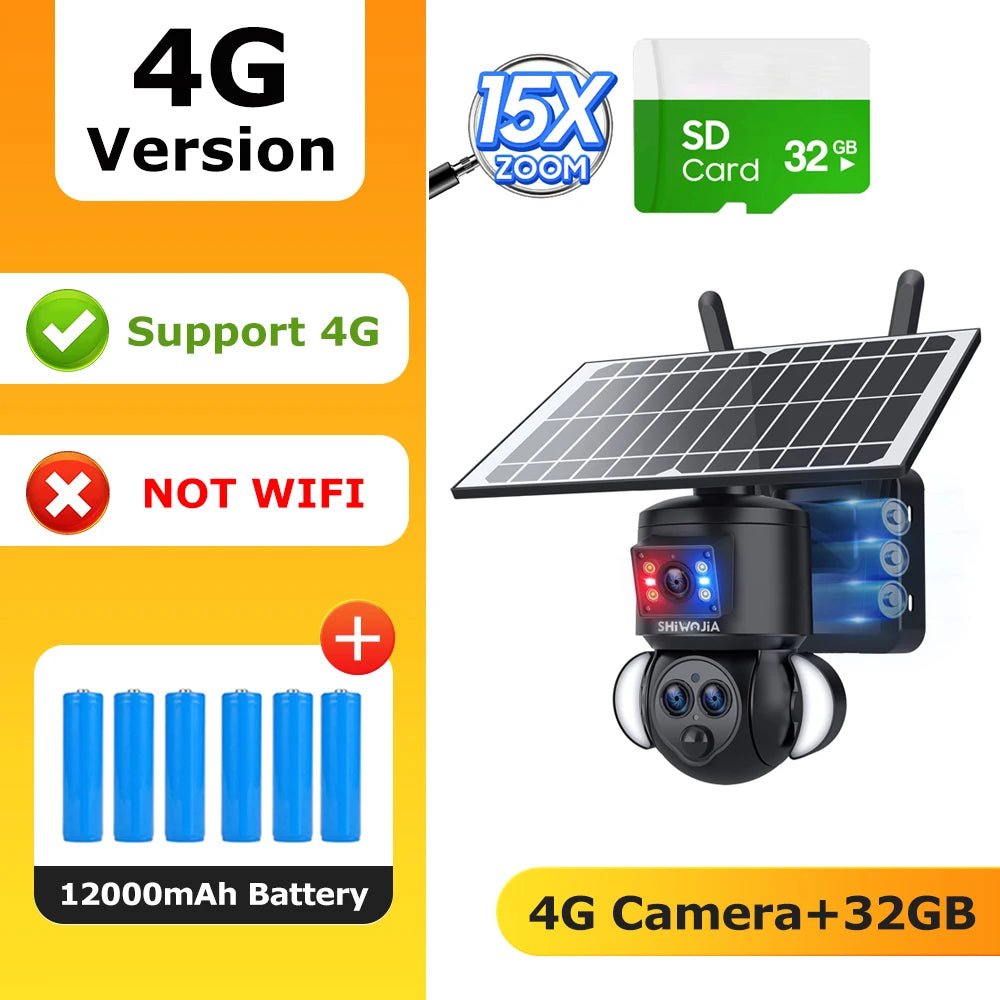 SHIWOJIA 4K 8MP Solar Camera With 4G SIM WiFi Color Night Vision PTZ Dual Lens - stepyours.com